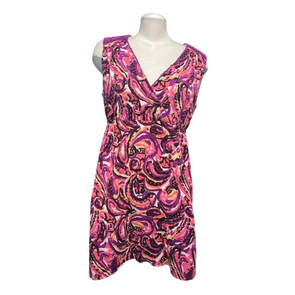 Merona Cotton Sleeveless Paisley V Neck Dress Sz Large Pink Purple Polyester Cas - Picture 1 of 11